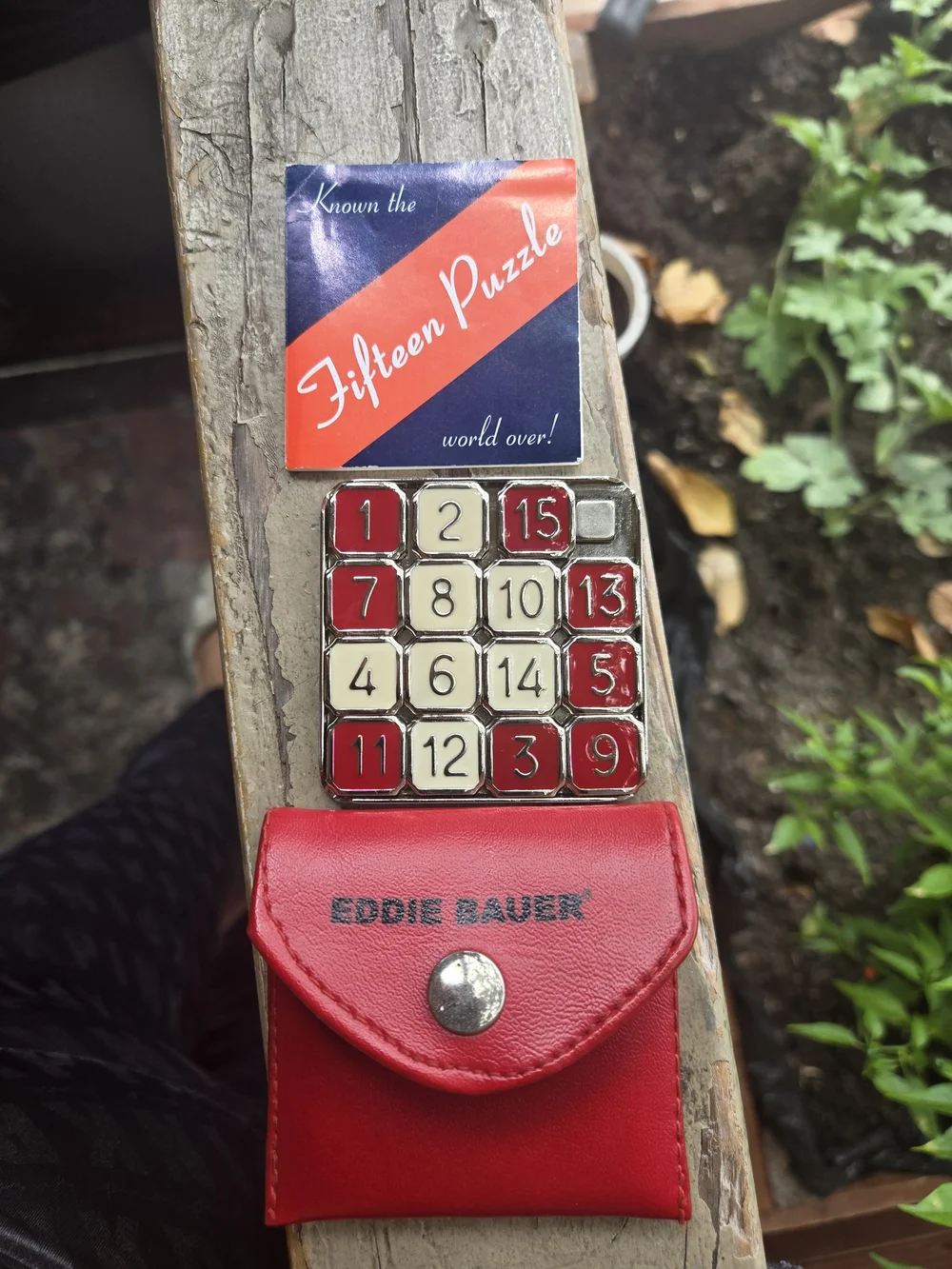 Eddie Bauer Red and Cream Metal Fifteen Puzzle with Red Leather Pouch